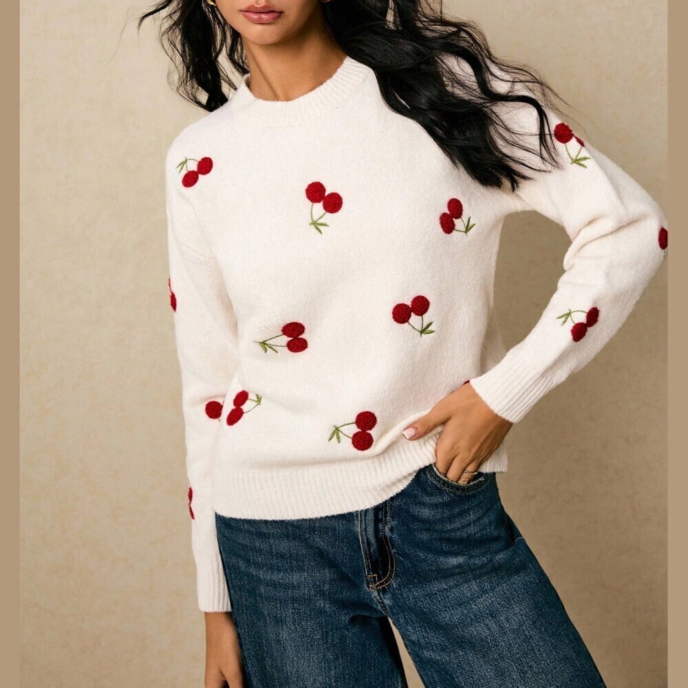Ivory Cherry Embroidered Crew Neck Knit Sweater